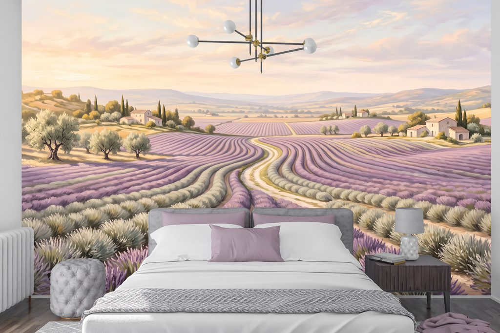 French country winding path and farmhouse peel and stick wallpaper behind a vintage bed