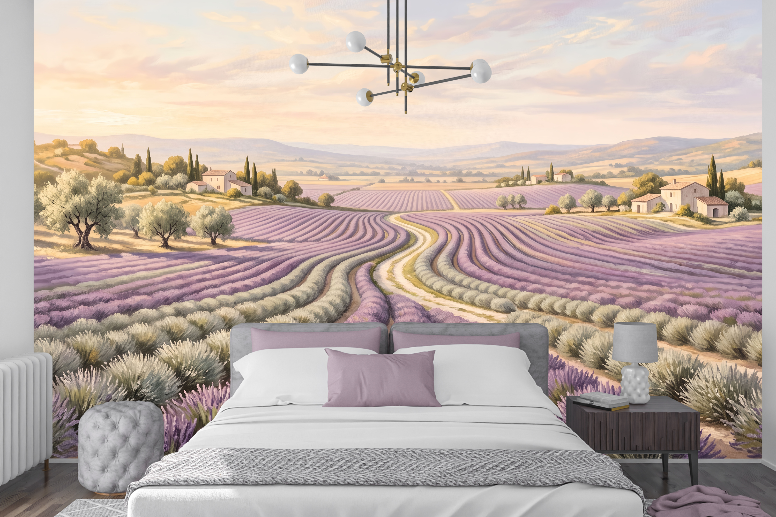 French country winding path and farmhouse peel and stick wallpaper behind a vintage bed