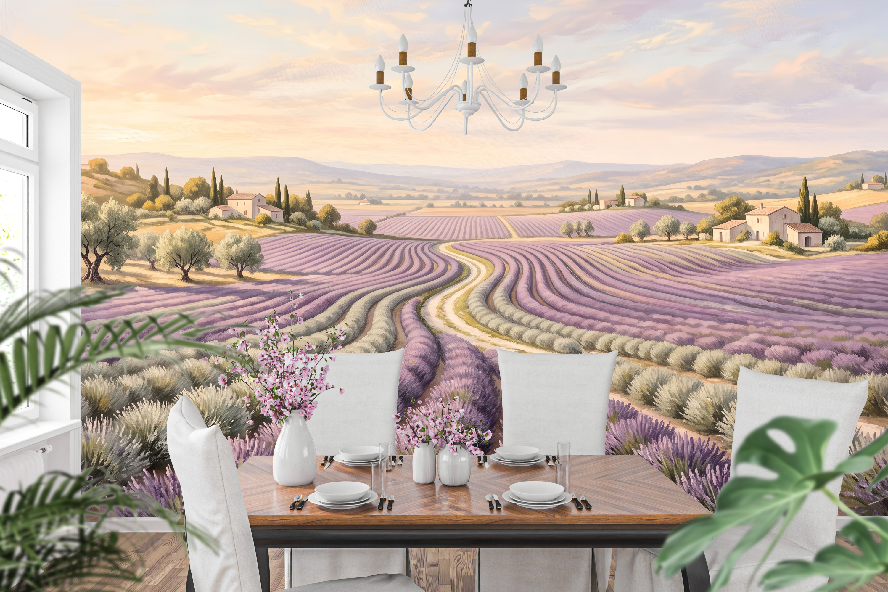 Sweeping purple lavender scenic nature wall mural creating a serene dining room accent