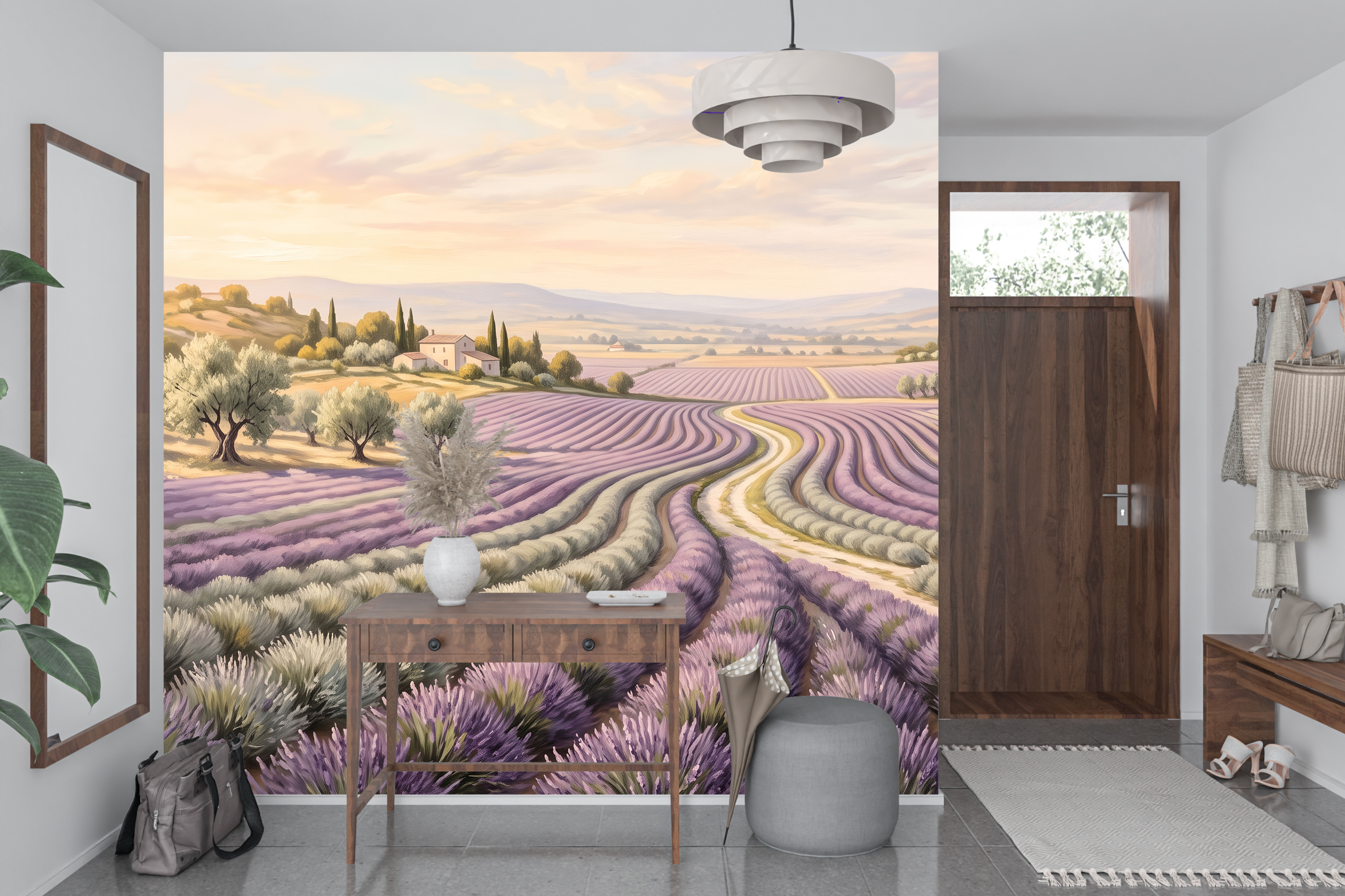 Classical painted countryside sunset wall mural transforming a welcoming entryway