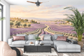 Vintage Provence lavender field landscape mural in a romantic rustic living room
