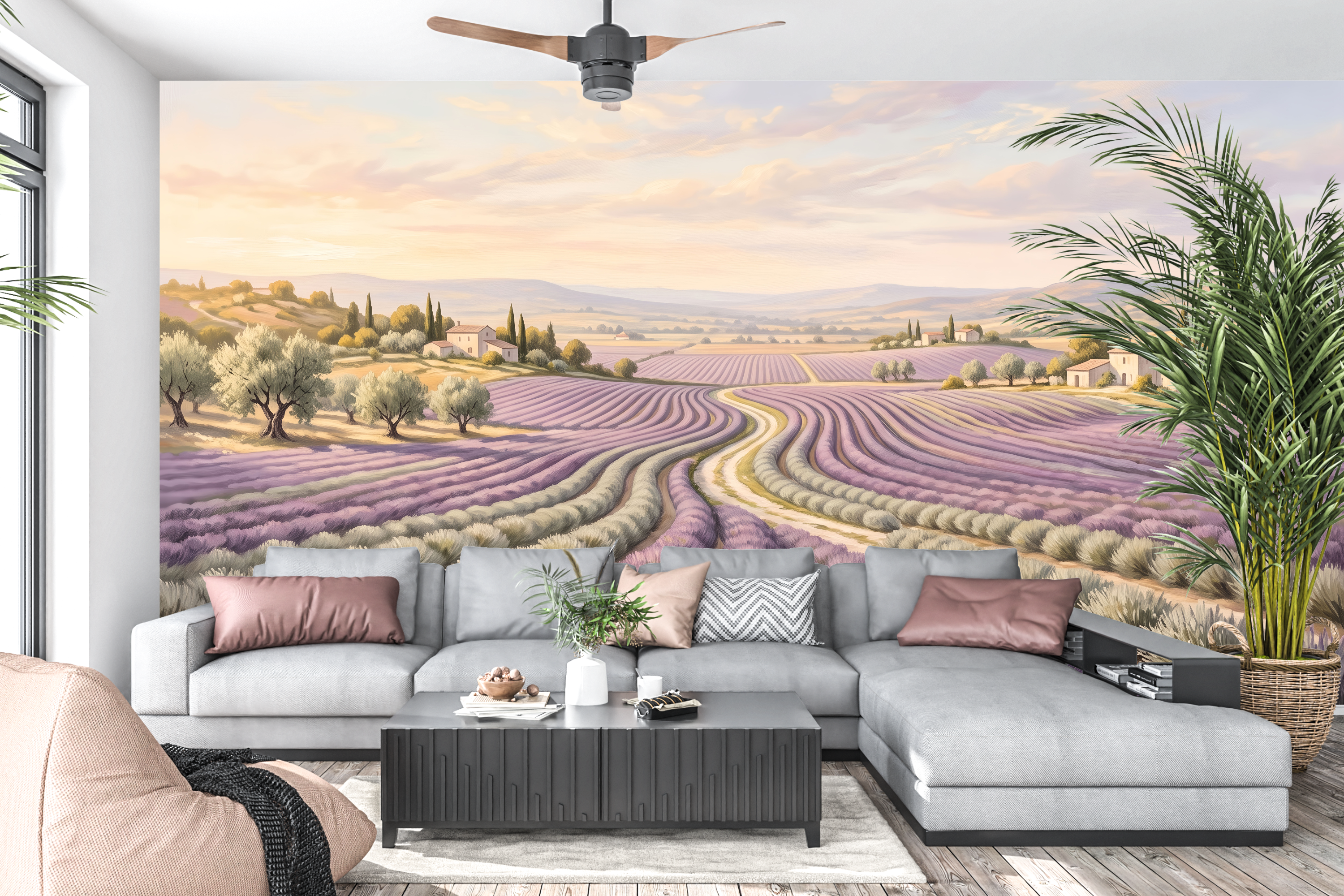 Vintage Provence lavender field landscape mural in a romantic rustic living room