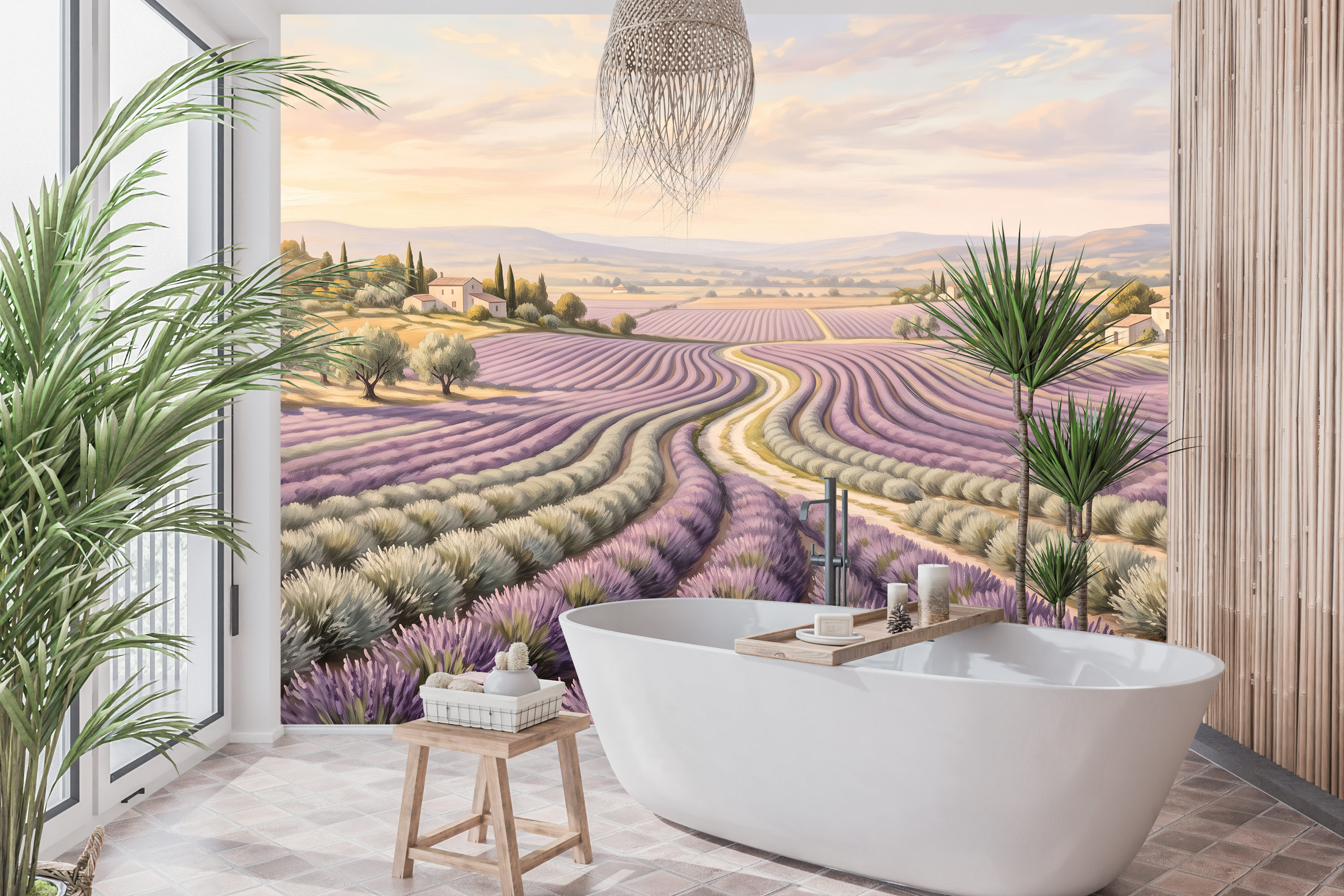 Waterproof vinyl Tuscan landscape wallpaper applied in a bright airy sunroom