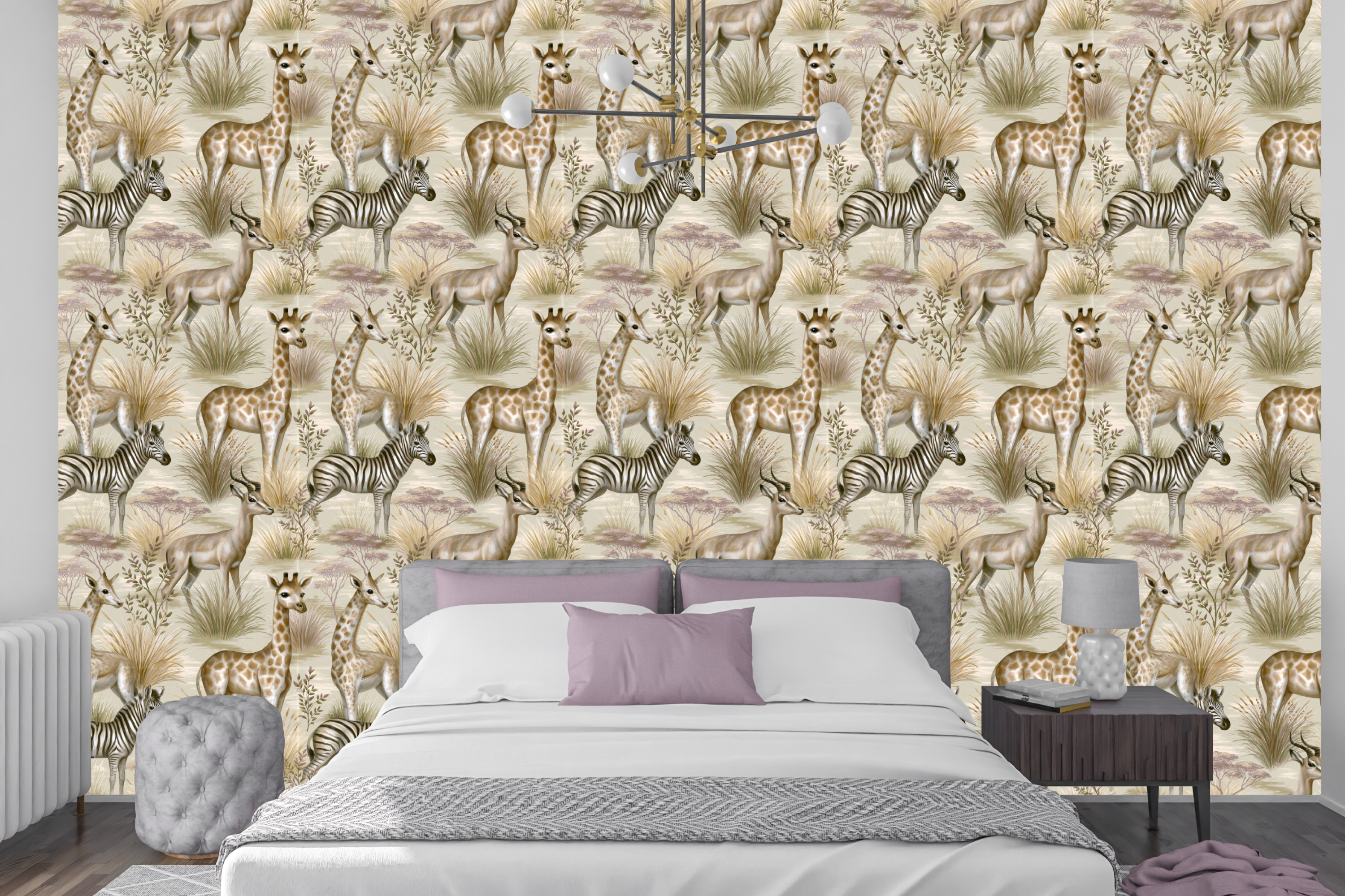 Vintage safari animal wallpaper featuring giraffes and zebras in a serene modern nursery