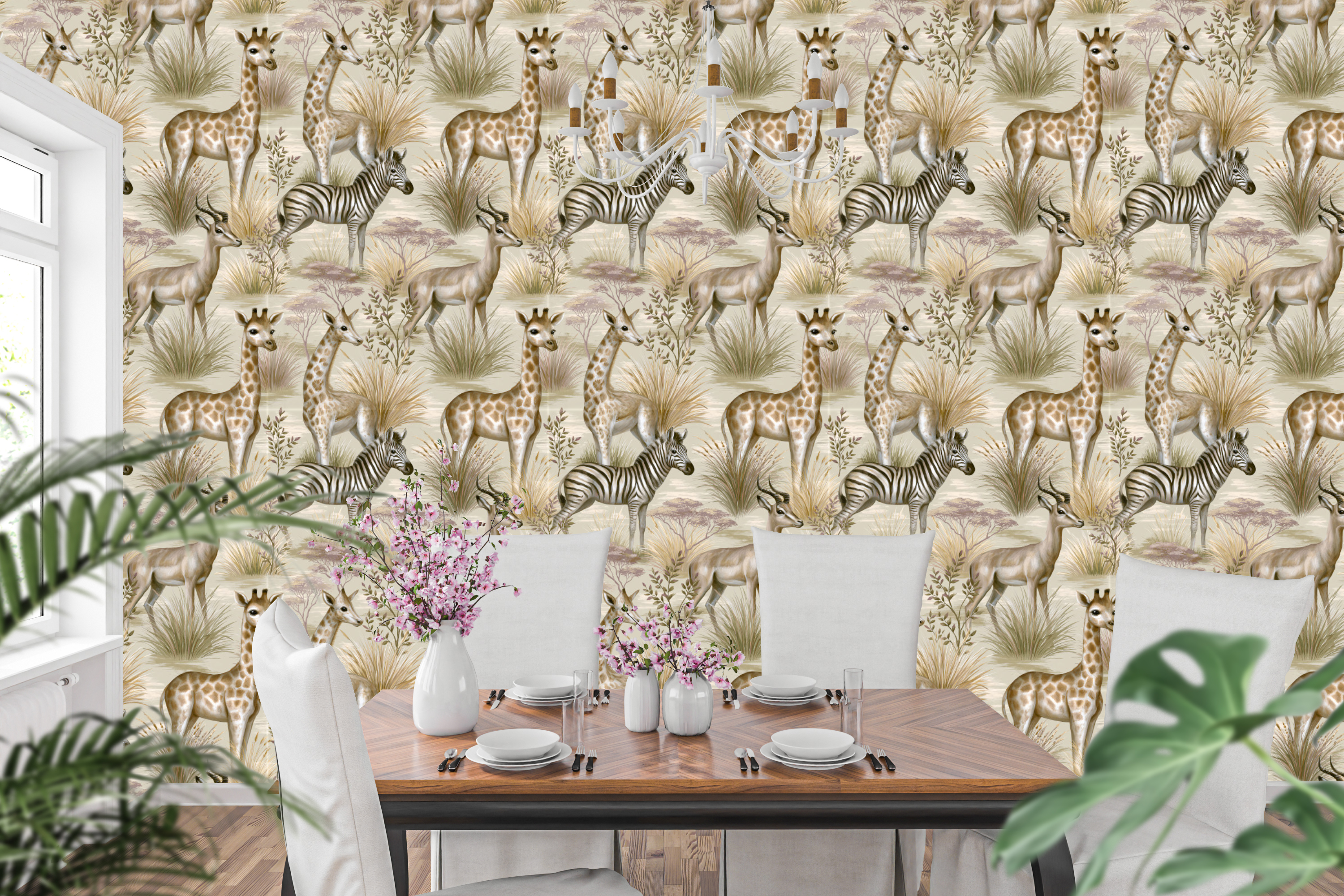 Vintage Safari Animal Wallpaper Soft Painterly Savannah Peel and Stick Decal