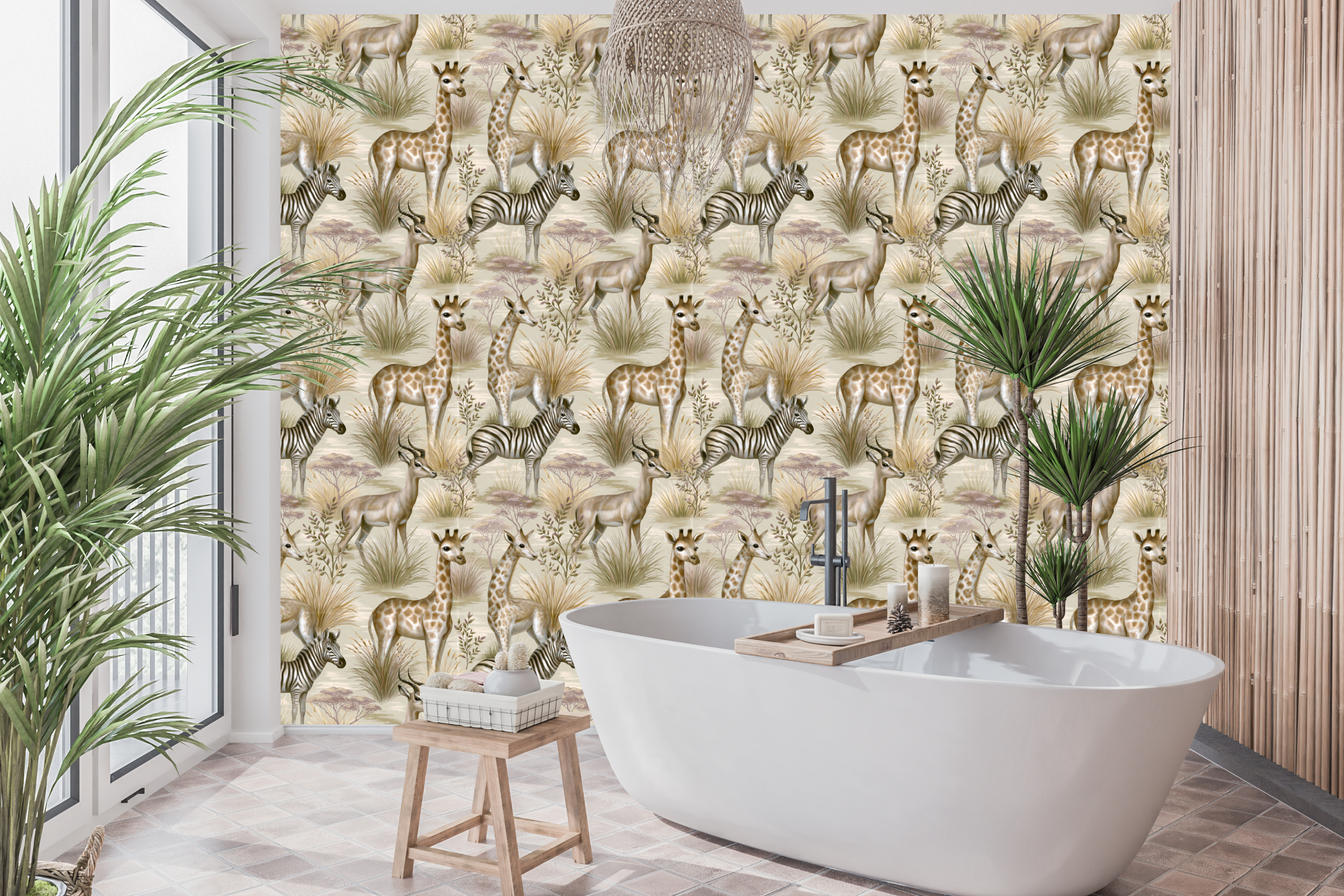 Waterproof vinyl vintage safari wallpaper applied in a charming bright modern bathroom