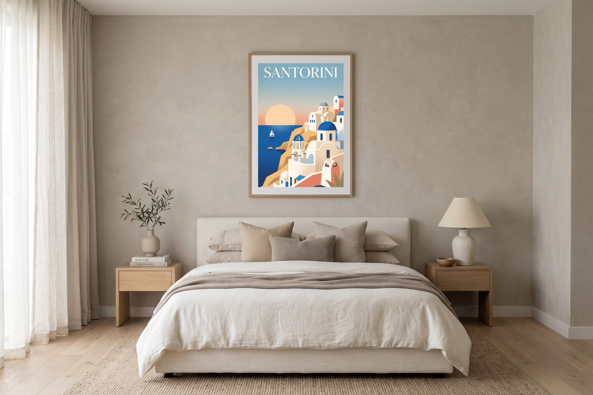 Mediterranean sunset and blue dome church art adding warmth to a serene bedroom
