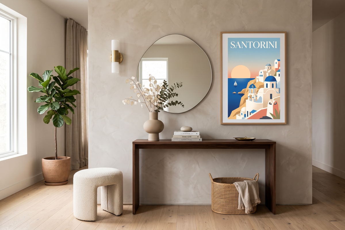 Classic Aegean sea and sailboat artwork welcoming guests in a chic coastal entryway