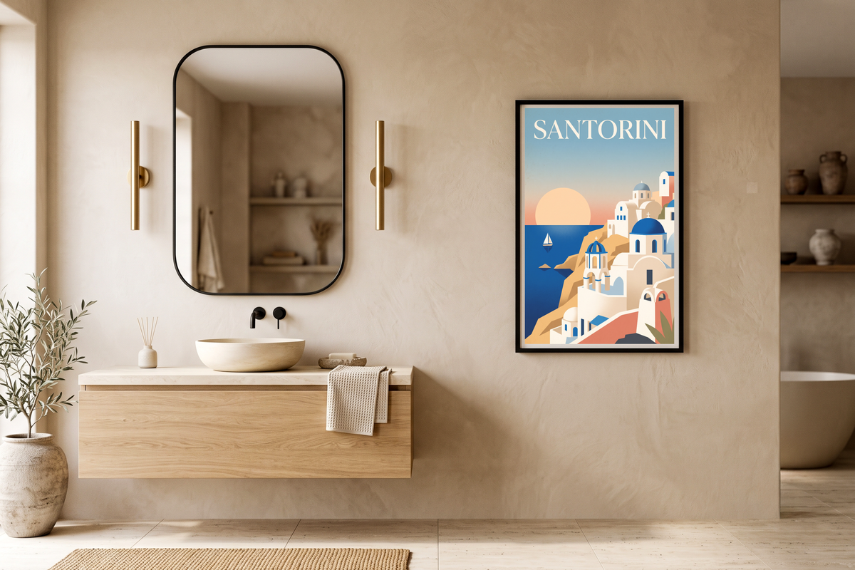 Retro Greek isle wall decor inspiring wanderlust displayed above a modern desk