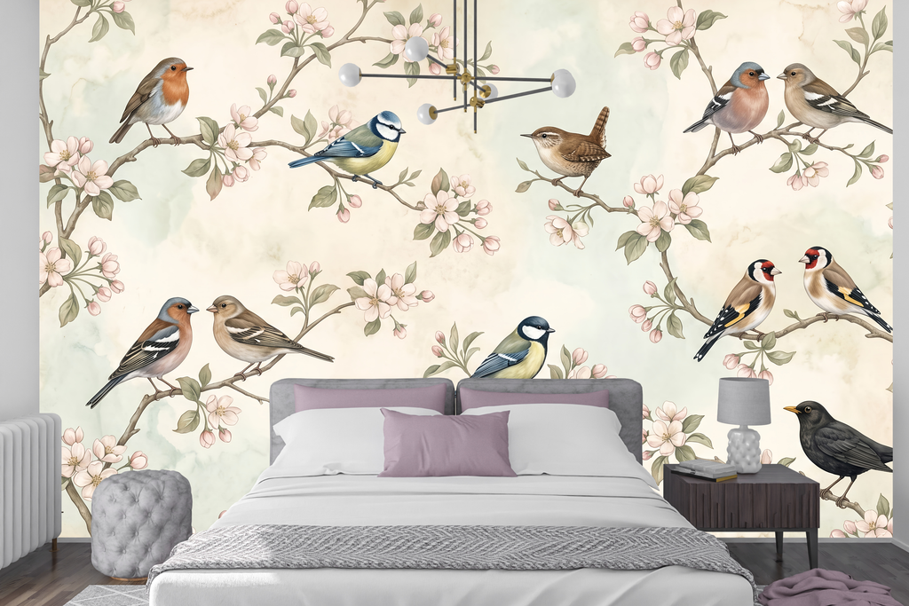 Spring songbird and pink flower peel and stick wallpaper behind a cottage bed