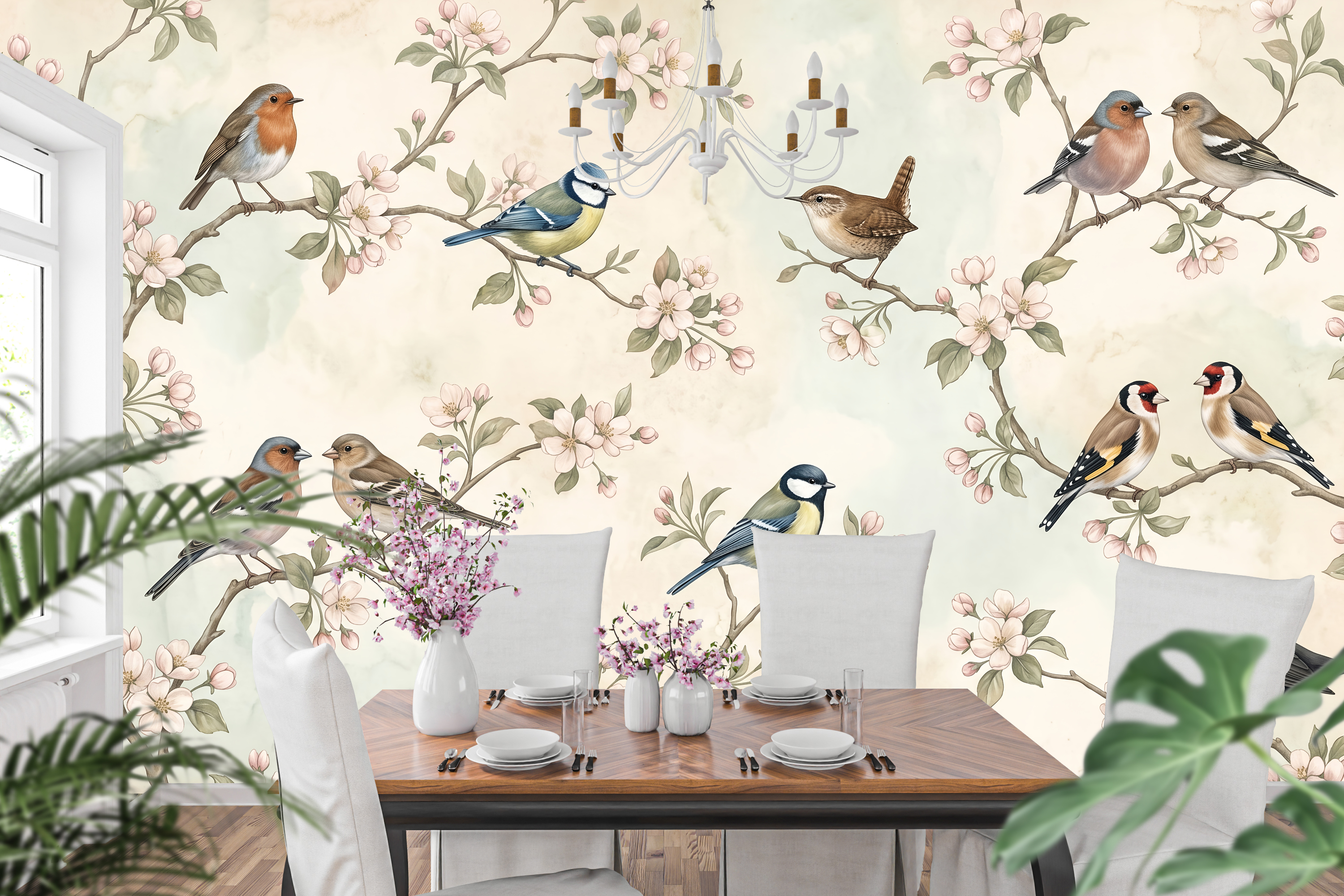 Vintage botanical bird and blossom wallpaper in a charming cheerful kitchen