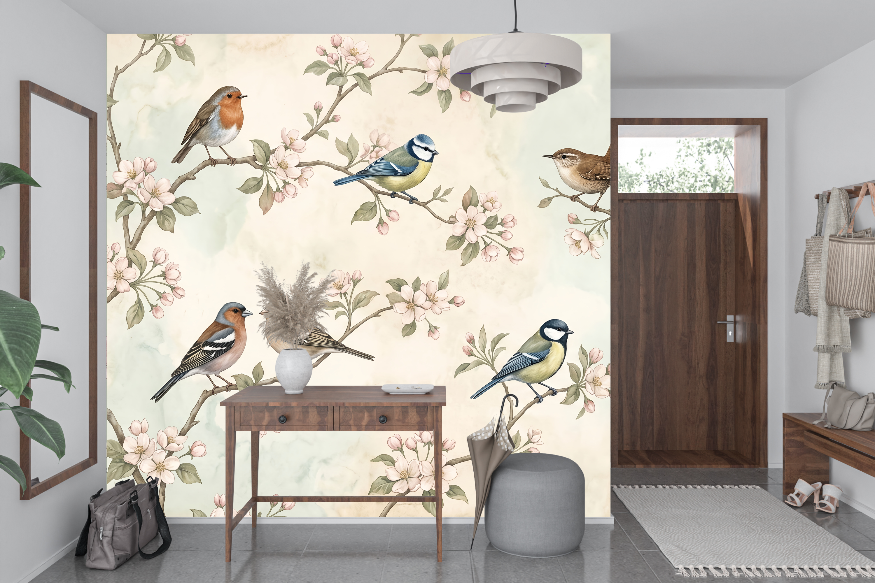 Sweet blooming branches and woodland bird wall mural transforming a vintage nursery