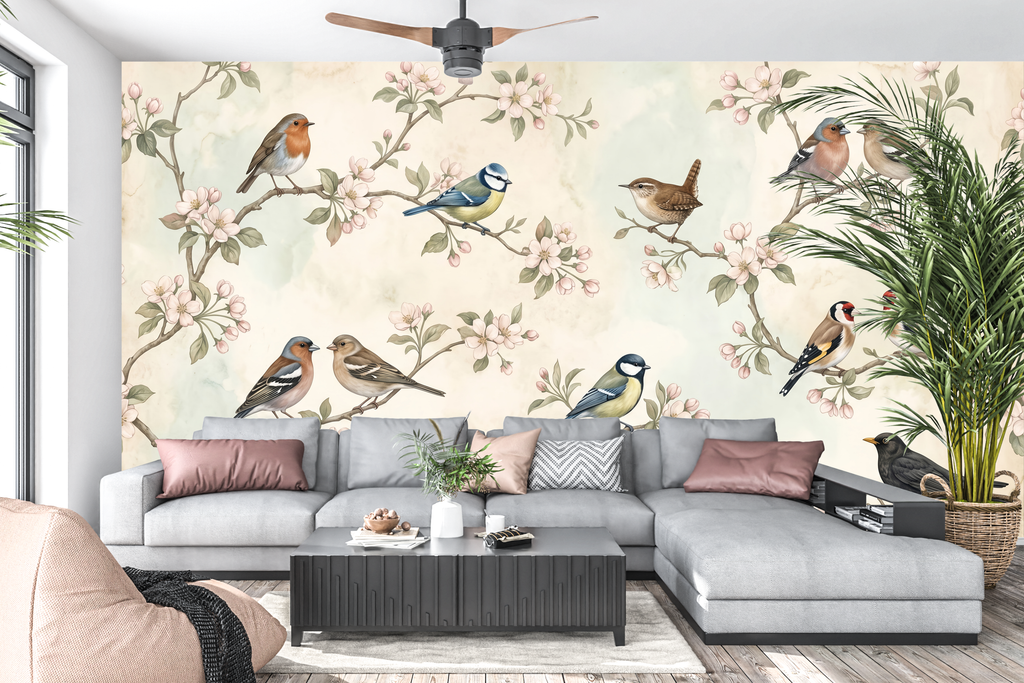 Classic English garden nature wall mural creating a bright sunroom accent