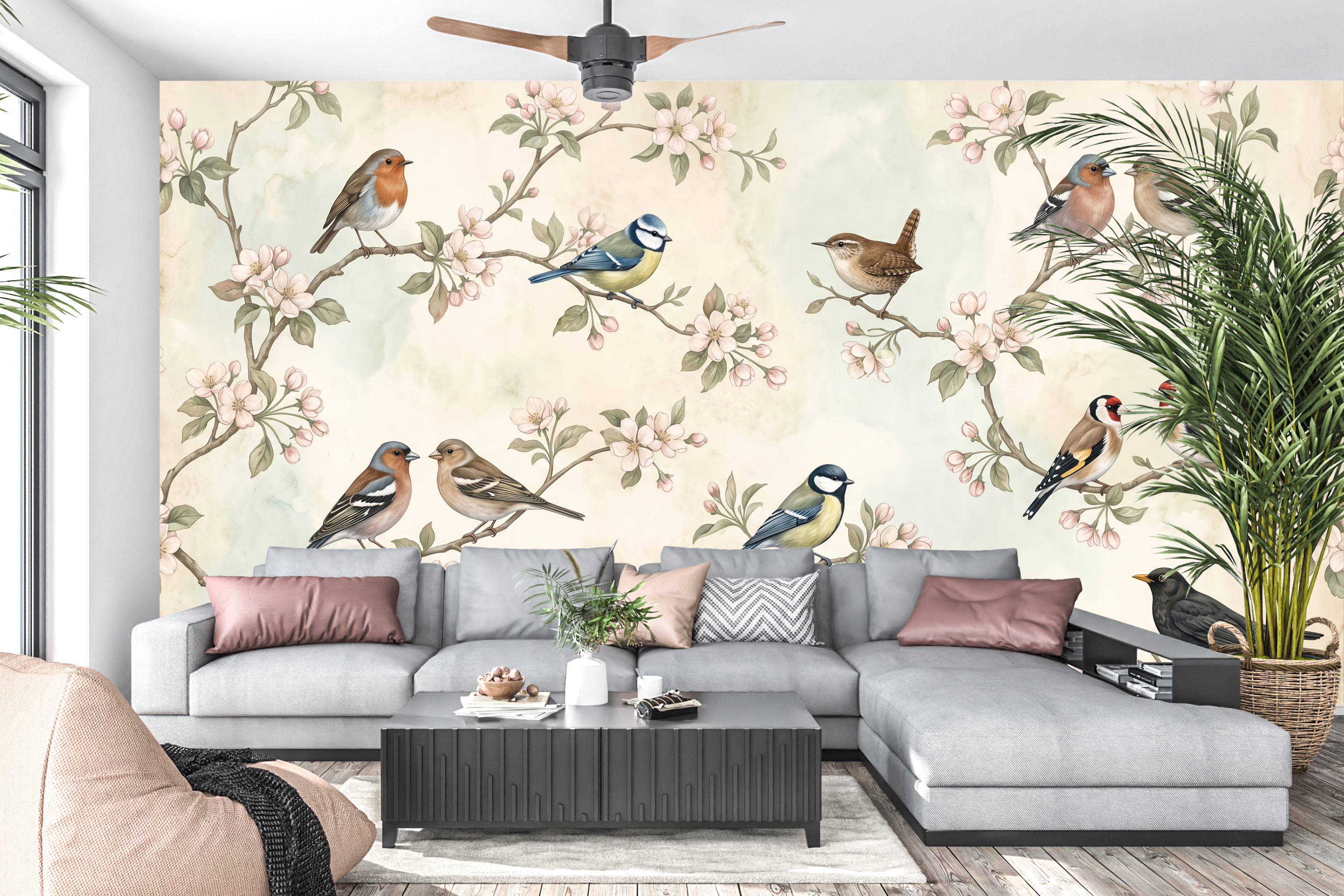 Classic English garden nature wall mural creating a bright sunroom accent