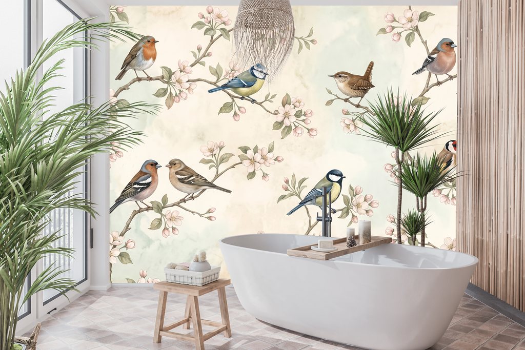 Waterproof vinyl vintage bird wallpaper applied in a cozy rustic bathroom
