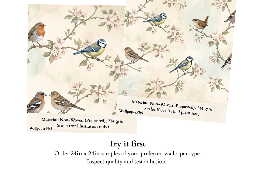 Vintage Spring Songbirds & Blossoms Wall Mural Botanical Garden Wallpaper