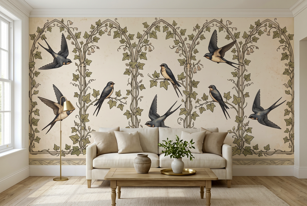 Vintage Swallow & Ivy Trellis Wall Mural Classic Botanical Archway Wallpaper