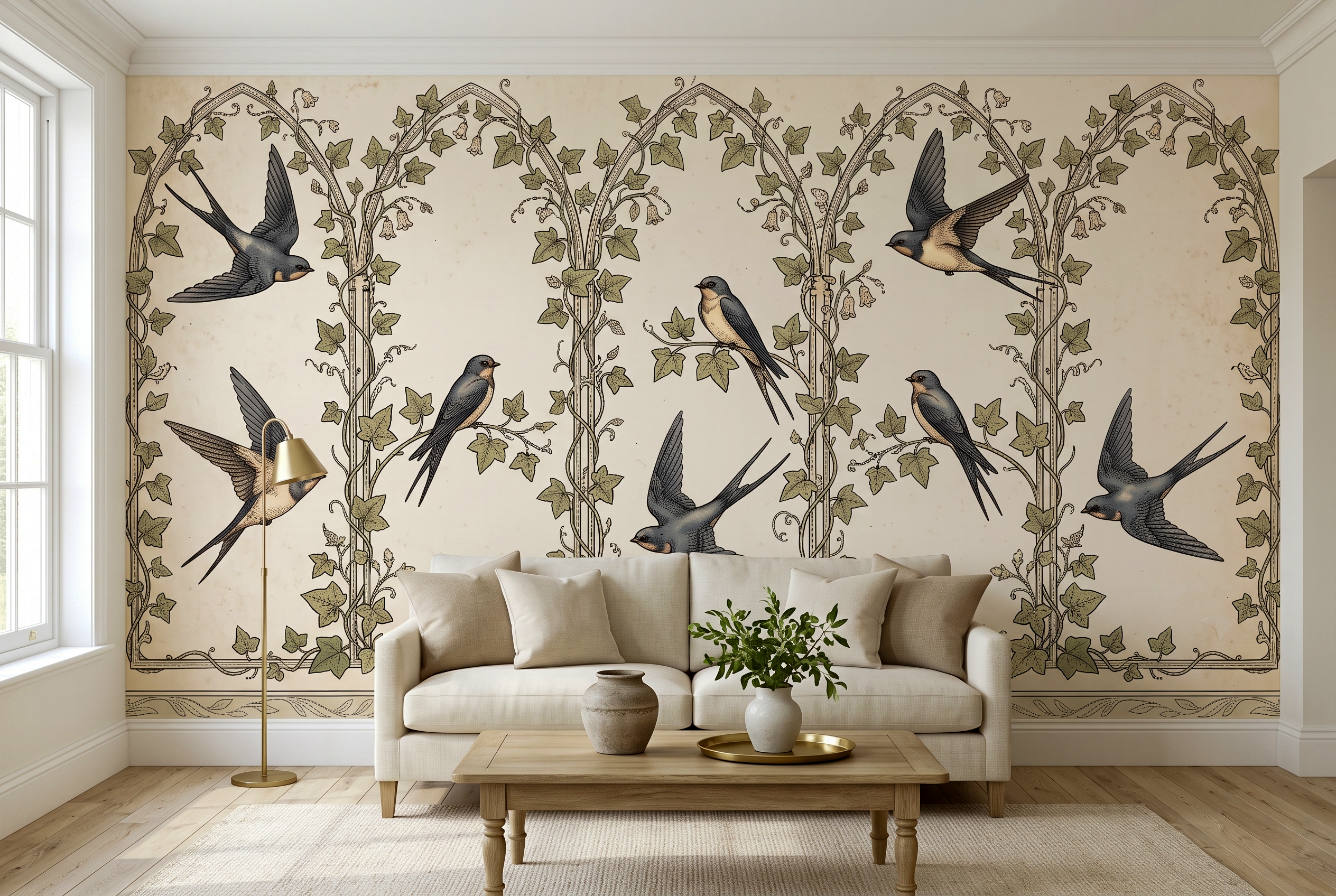 Vintage Swallow & Ivy Trellis Wall Mural Classic Botanical Archway Wallpaper