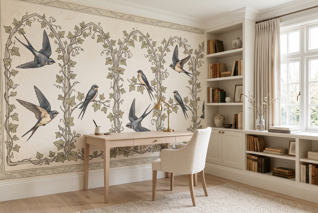 High resolution detail of hand drawn birds and ivy vines on wall mural