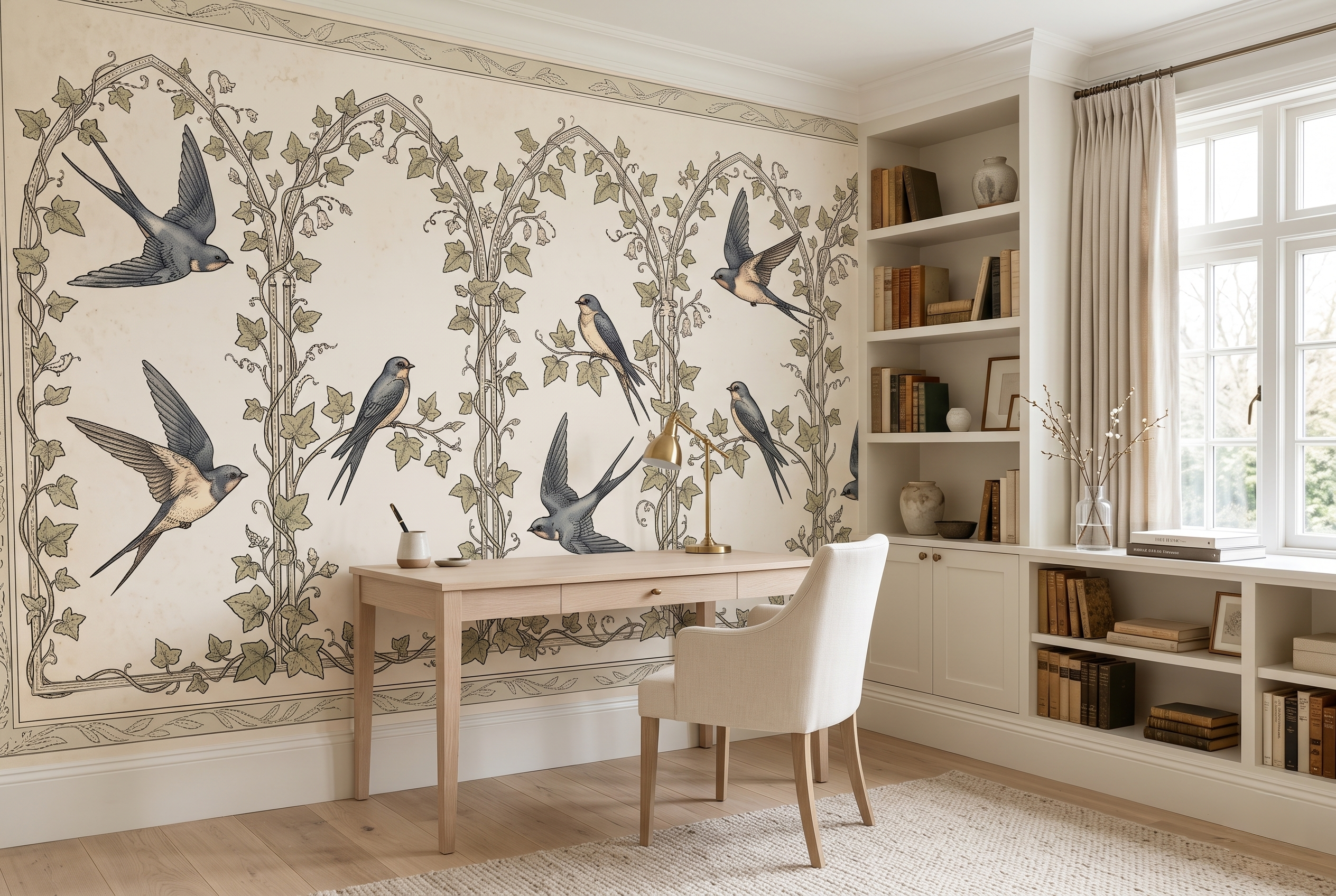 High resolution detail of hand drawn birds and ivy vines on wall mural