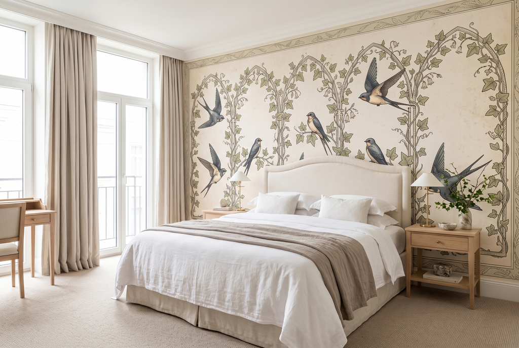 Vintage Swallow & Ivy Trellis Wall Mural Classic Botanical Archway Wallpaper