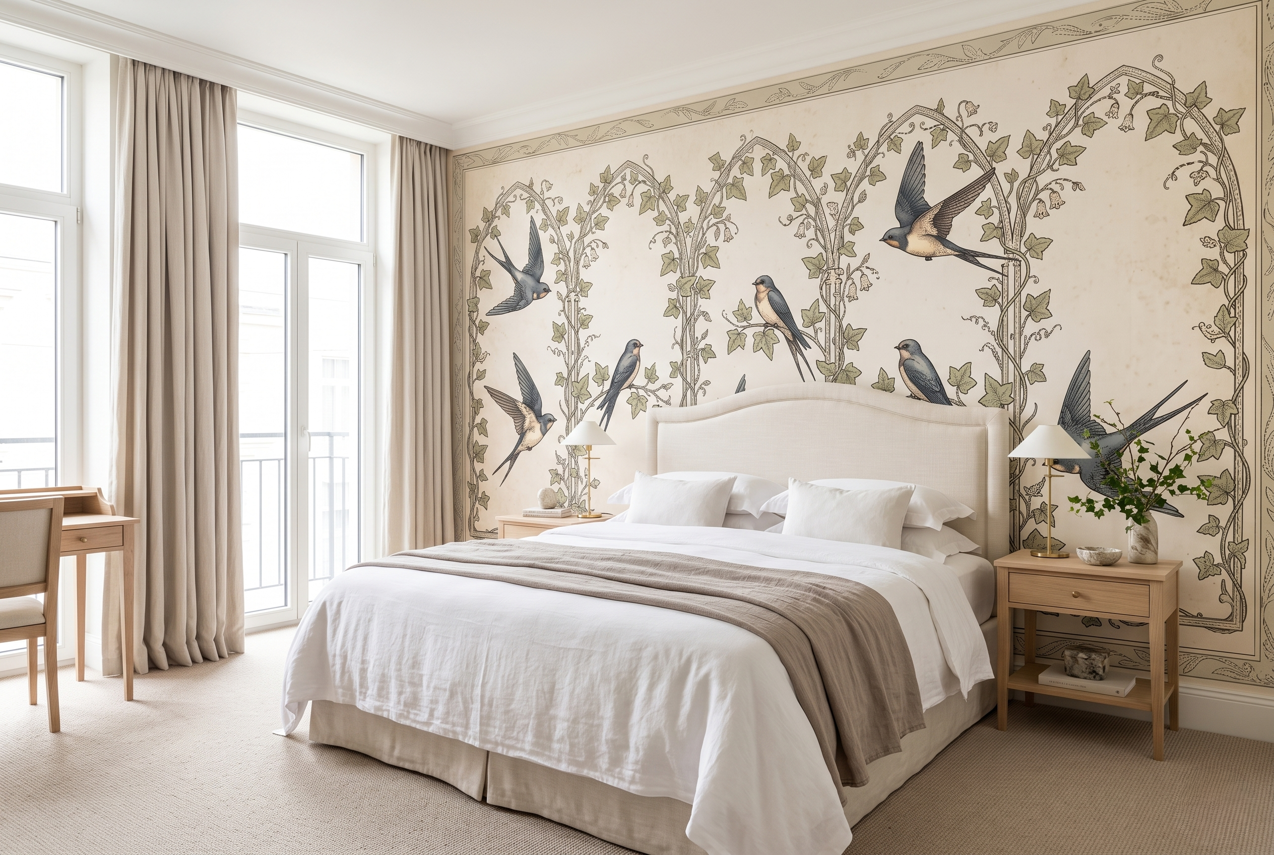 Vintage Swallow & Ivy Trellis Wall Mural Classic Botanical Archway Wallpaper