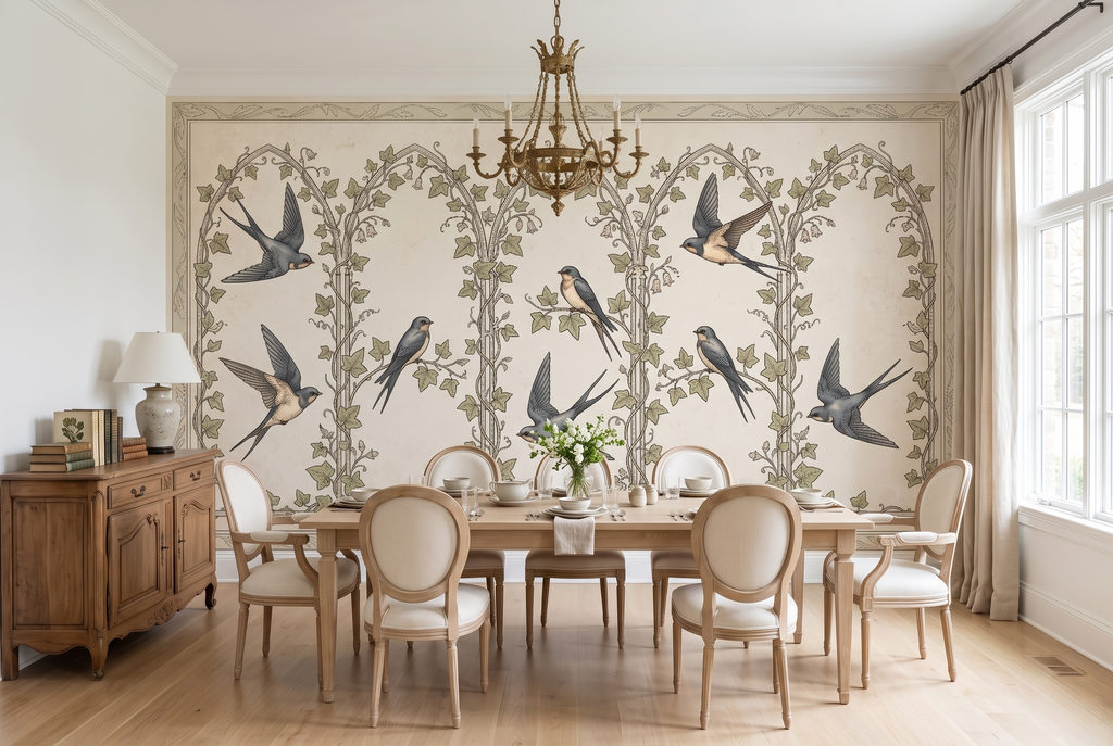 Classic arched trellis and swallow wall art creating a welcoming entryway