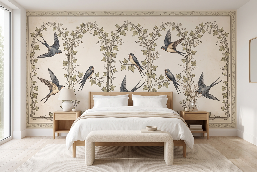 Soft botanical bird illustration peel and stick wallpaper mural