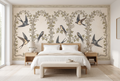 Soft botanical bird illustration peel and stick wallpaper mural