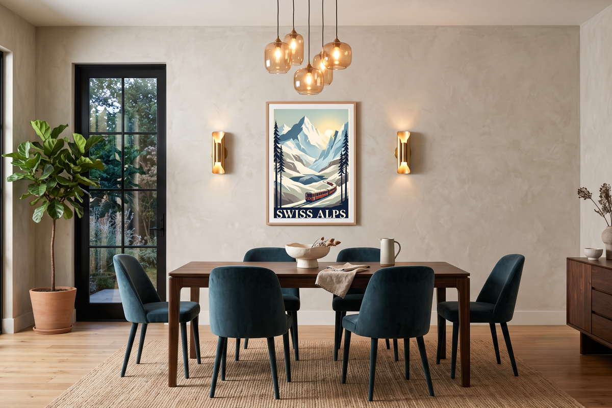 Vintage Swiss Alps travel poster canvas print styling a cozy winter living room