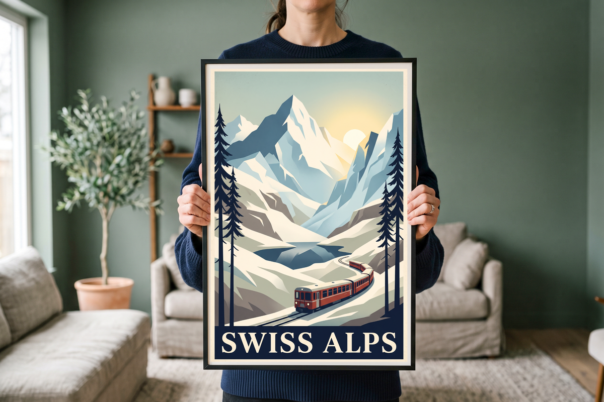 Detail view showing the elegant SWISS ALPS typography, retro winding train, and flat vector graphic style