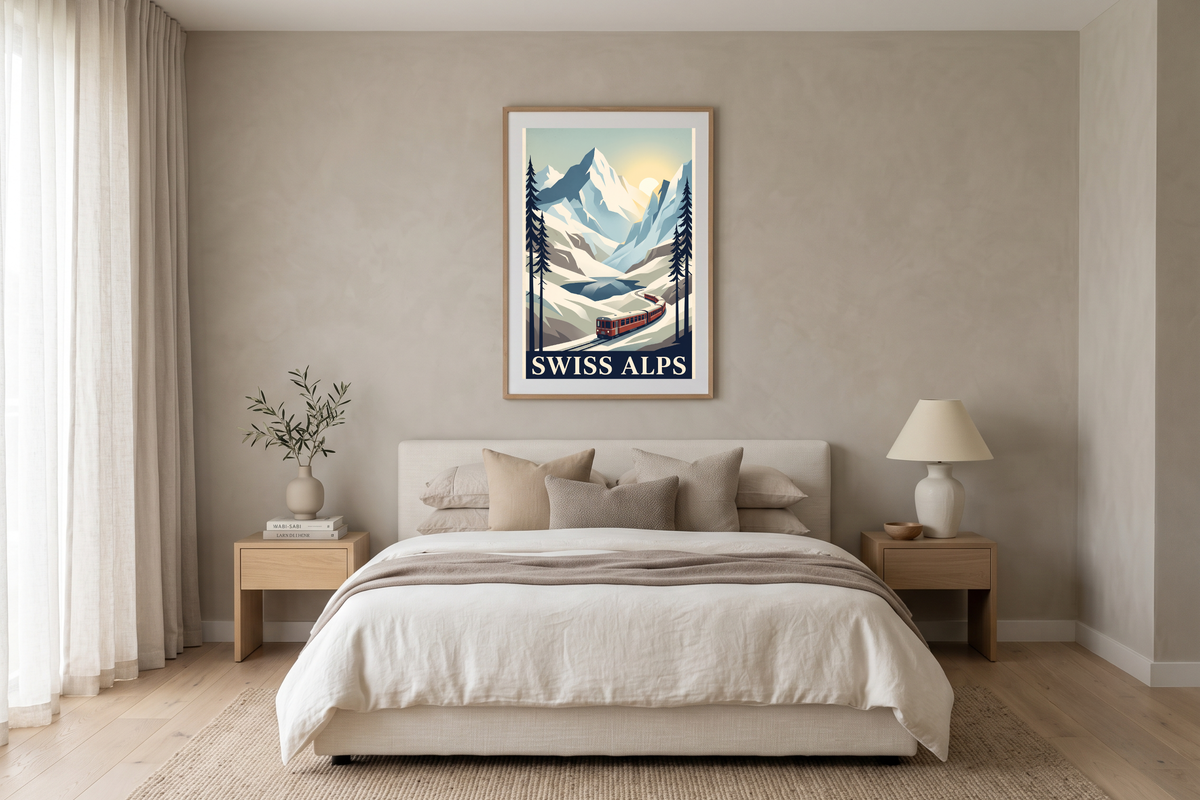 Retro European mountain and red train wall decor bringing adventure to a rustic ski chalet