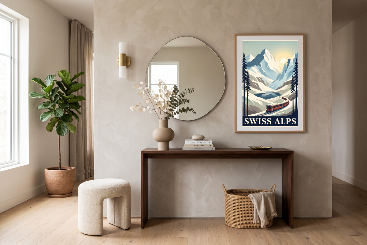 Breathtaking snowy mountain and pine tree artwork welcoming guests in a chic rustic entryway