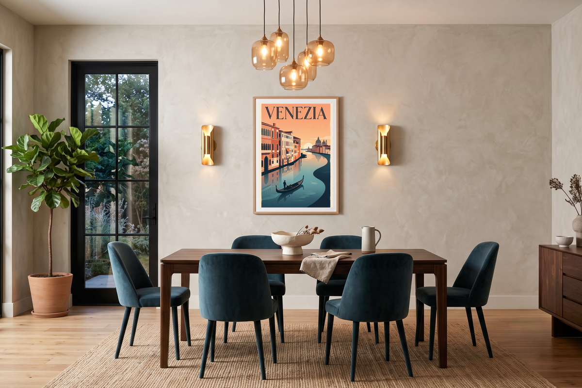 Retro Italian Grand Canal wall decor bringing romance and warmth to a dining space
