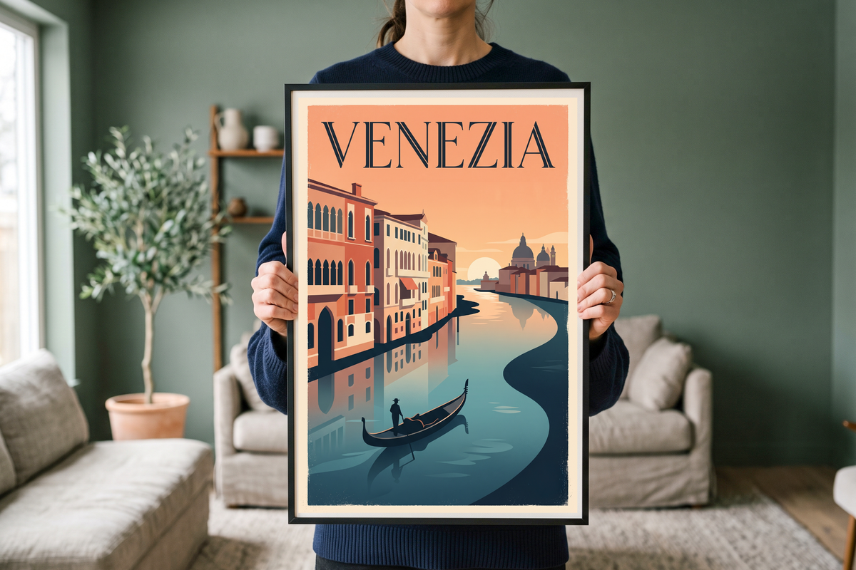 Detail view showing the elegant VENEZIA typography, retro sunset, and flat vector graphic style