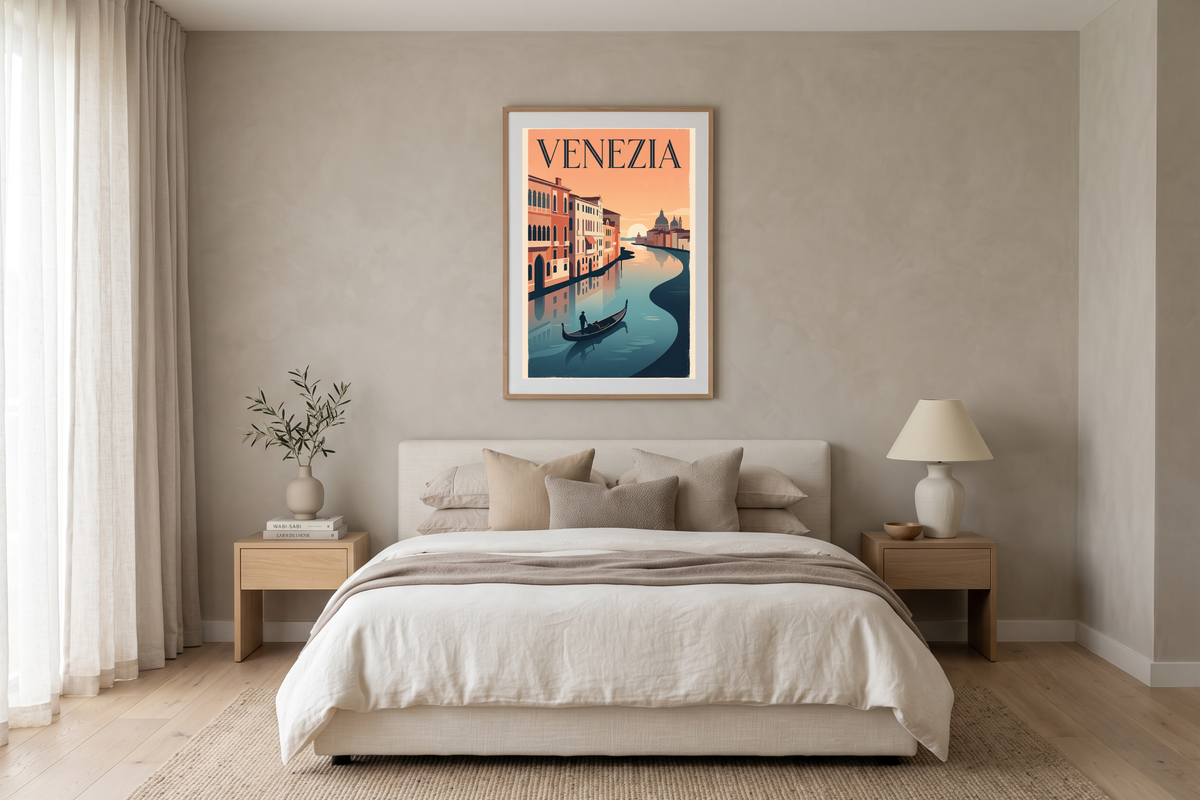 Classic Venice gondola art inspiring wanderlust above a modern wooden desk