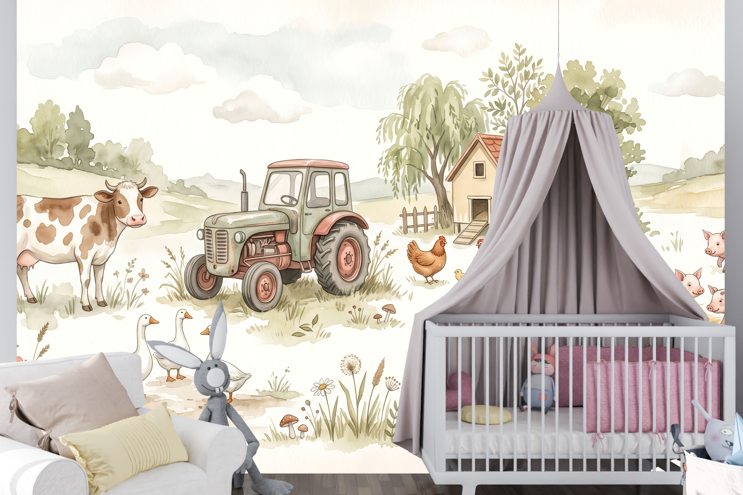 Vintage watercolor farm animal mural in a sweet gentle nursery