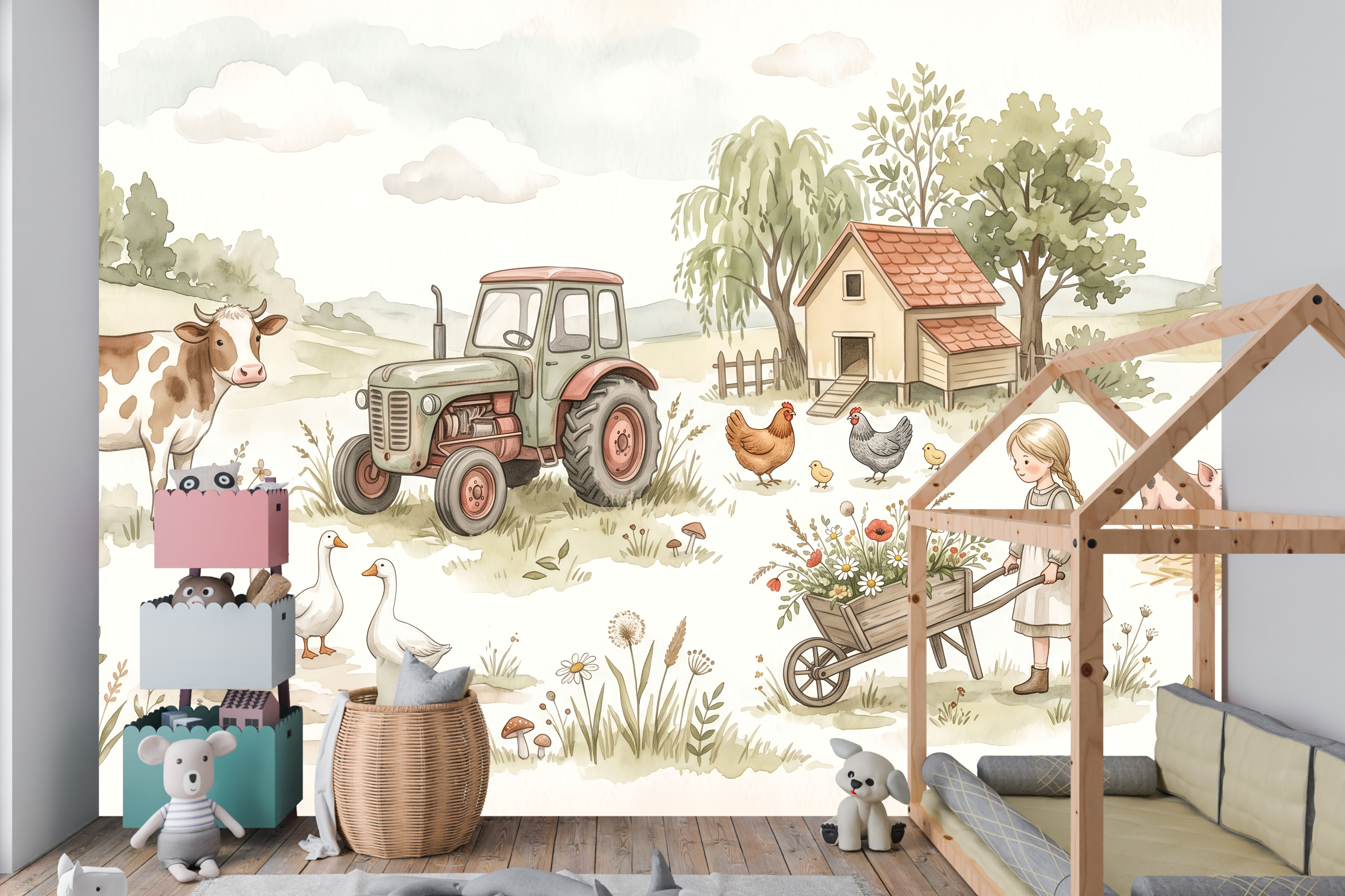 Vintage Watercolor Farm & Animals Wall Mural Sweet Countryside Nursery Wallpaper