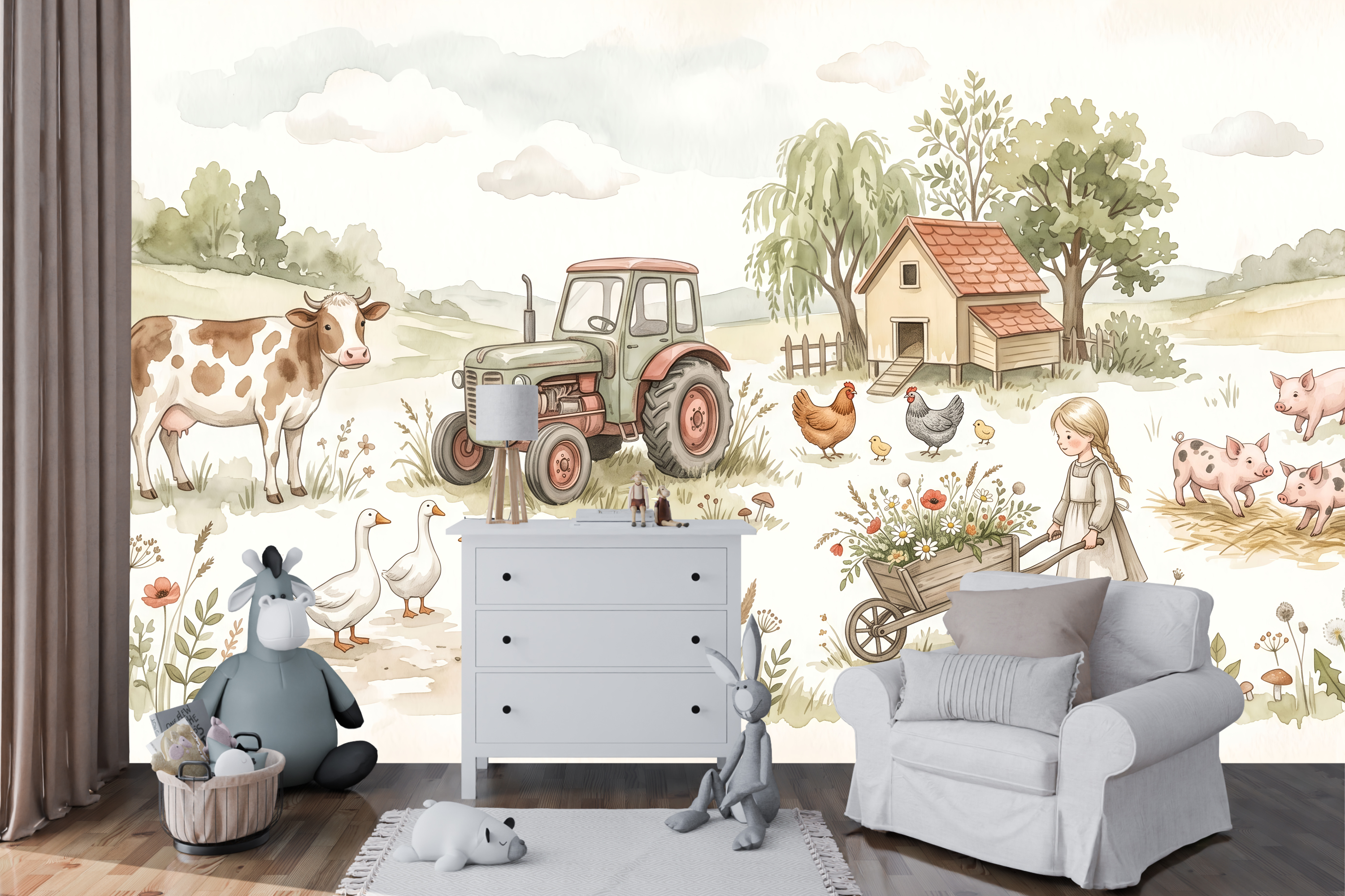 Gentle pastel farmhouse and cow wall mural transforming a cozy reading corner