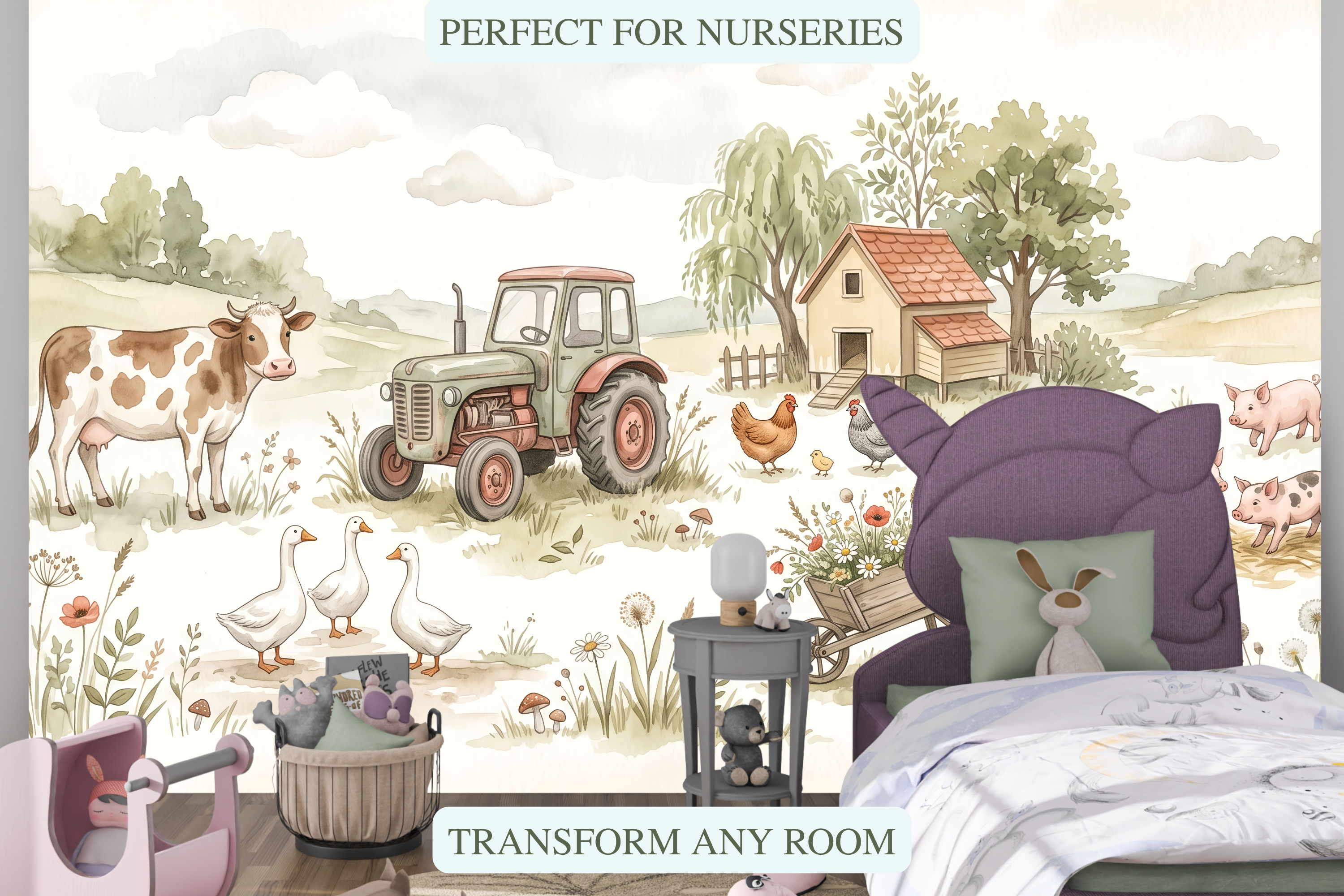 Little girl and vintage tractor peel and stick wallpaper behind a toddler bed