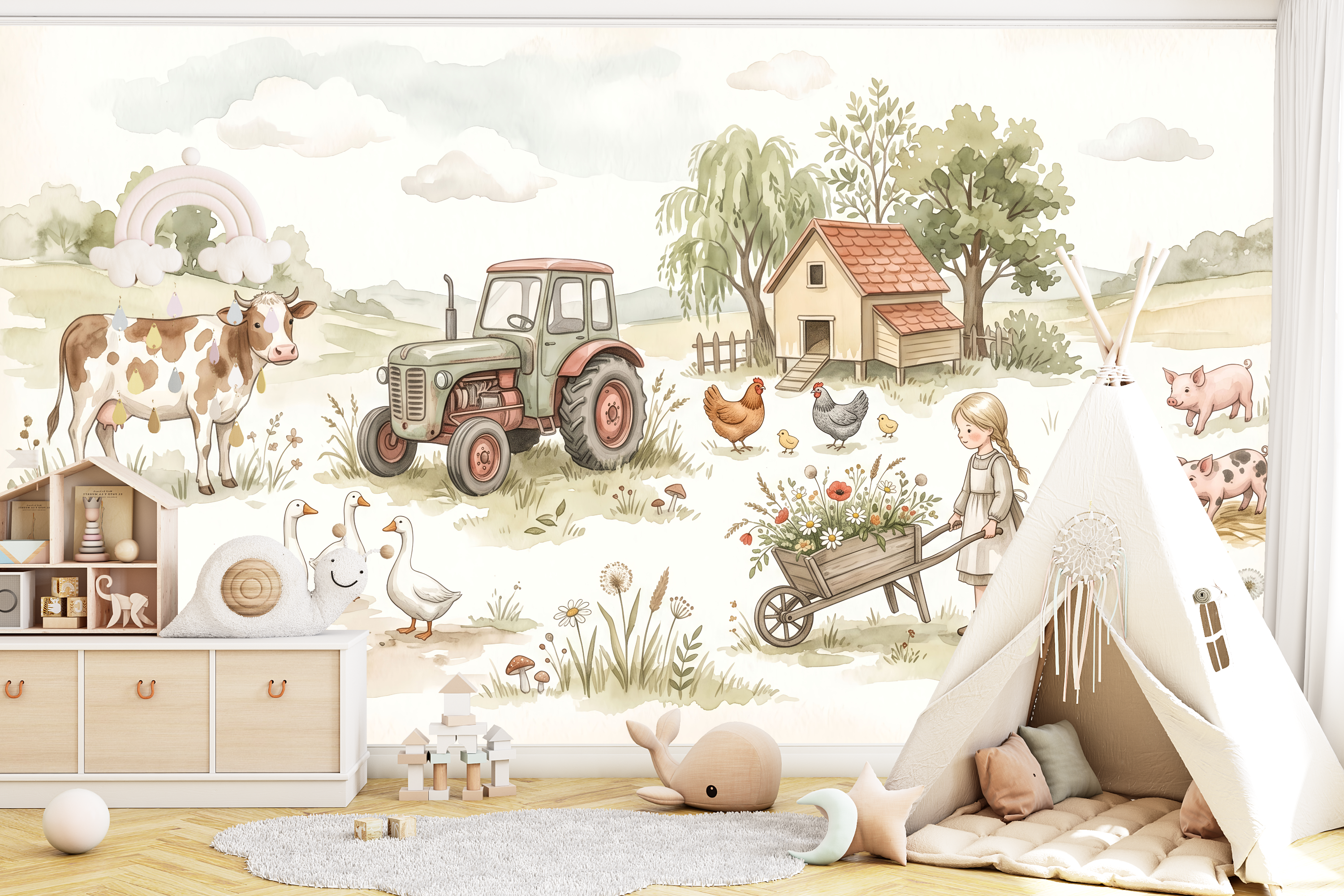Joyful countryside landscape wall mural creating a calming accent wall in a playroom