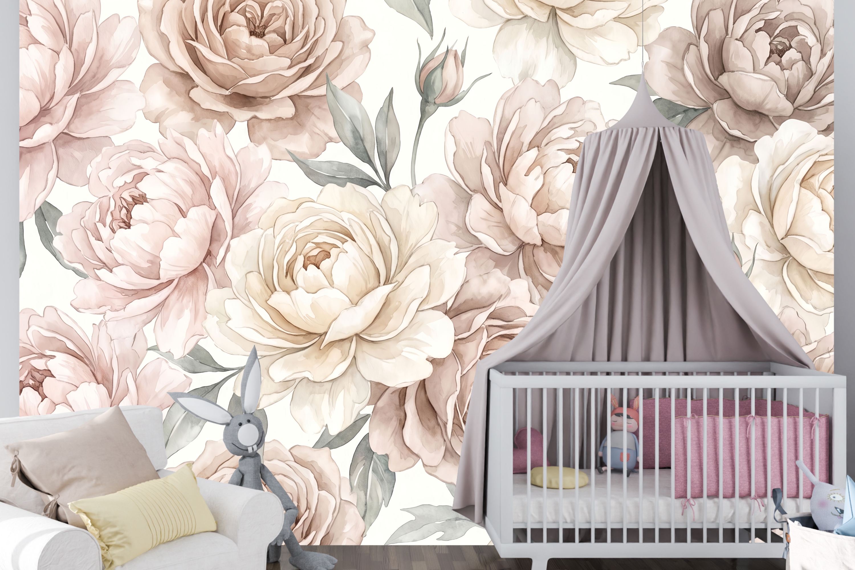 Soft blush pink floral peel and stick wallpaper behind a baby crib