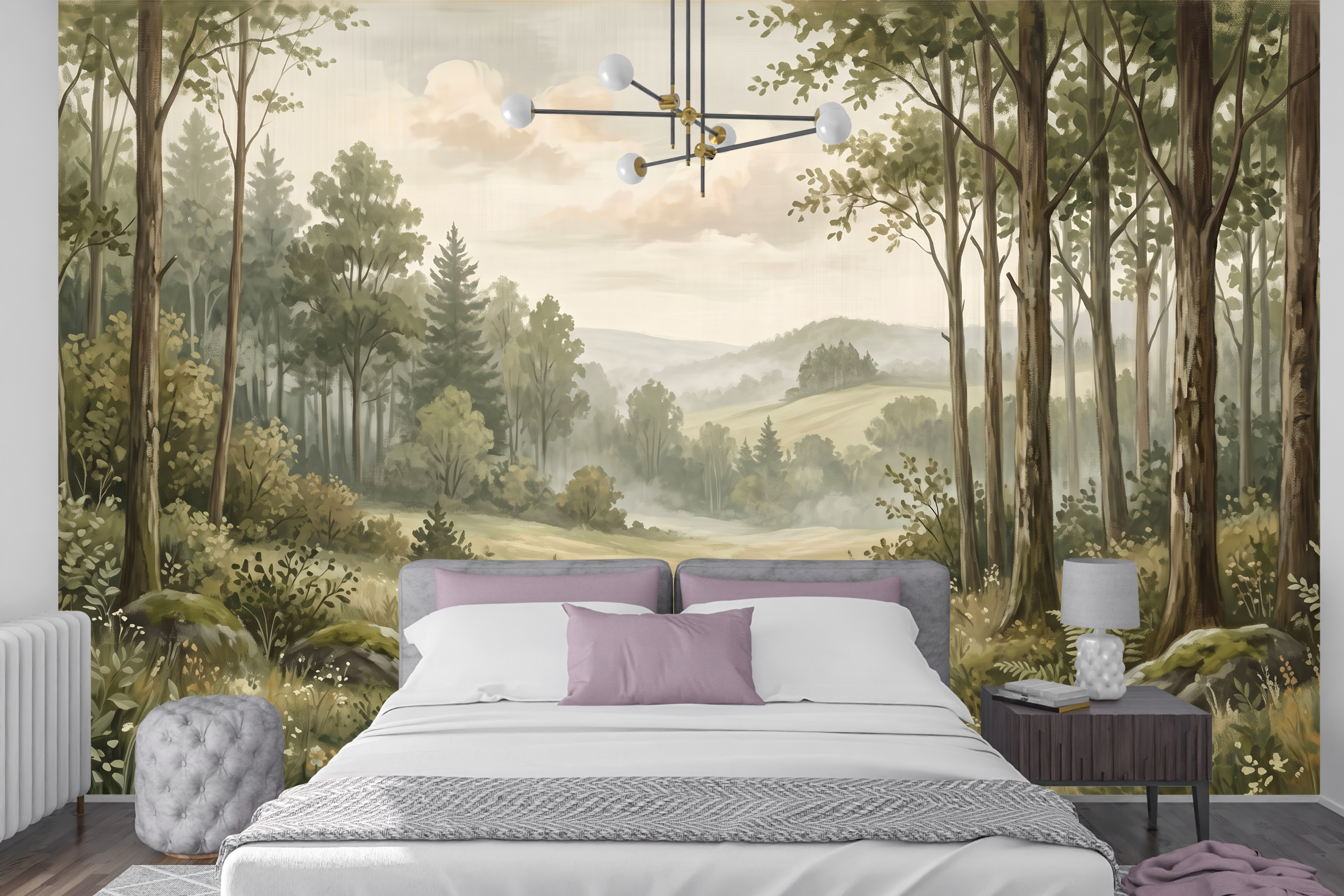 Muted green pastoral scene wall mural creating a tranquil accent wall in a bedroom