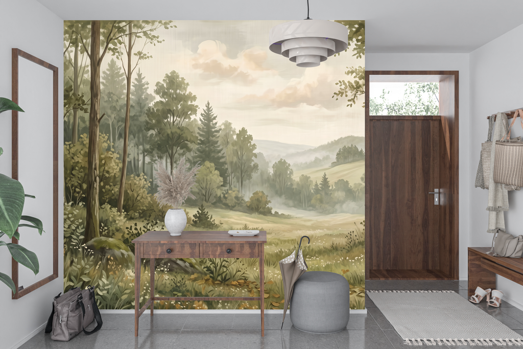 Classic tree and misty hill landscape mural transforming a storybook nursery or entryway