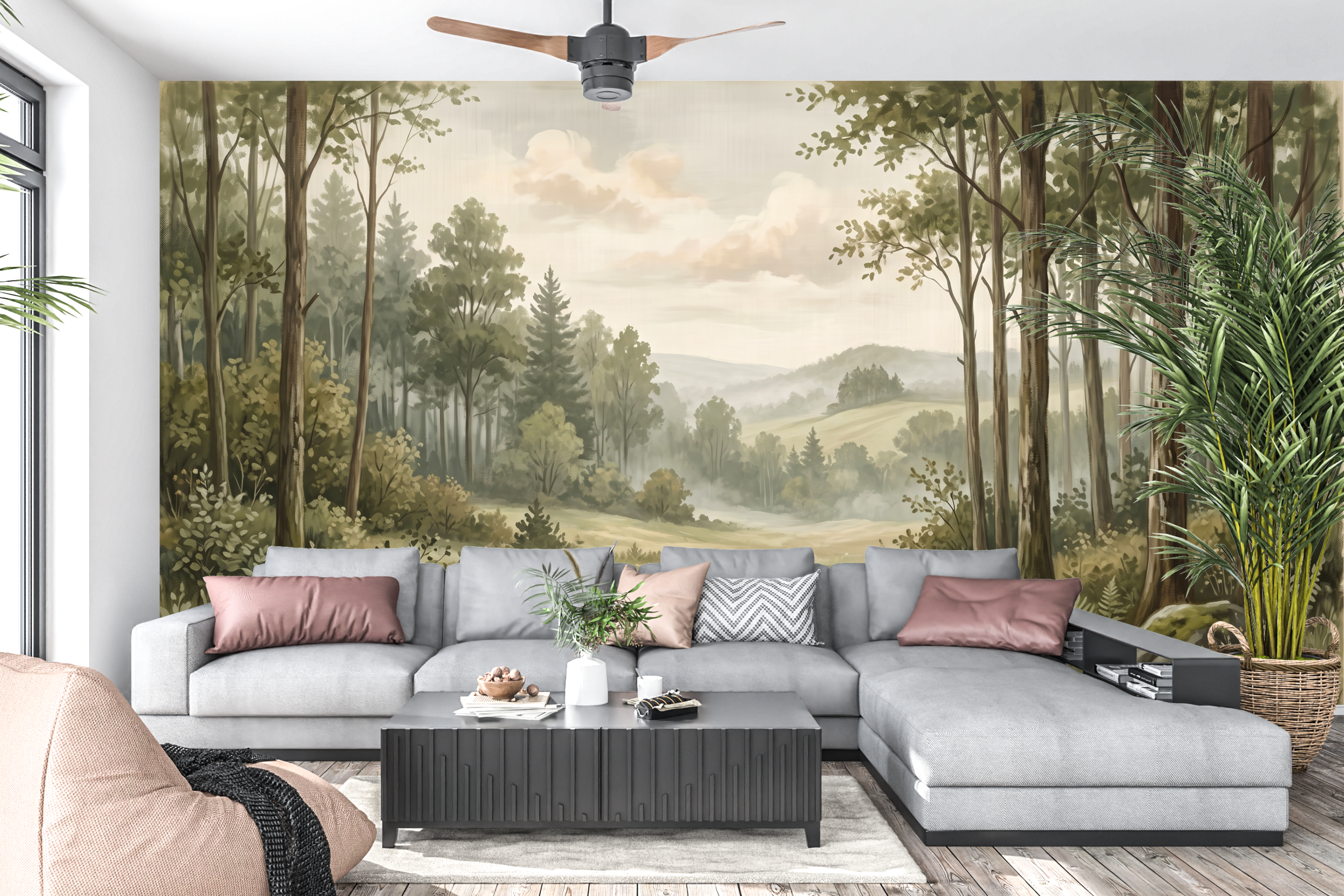 Painterly forest meadow peel and stick wallpaper behind a cozy living room sofa