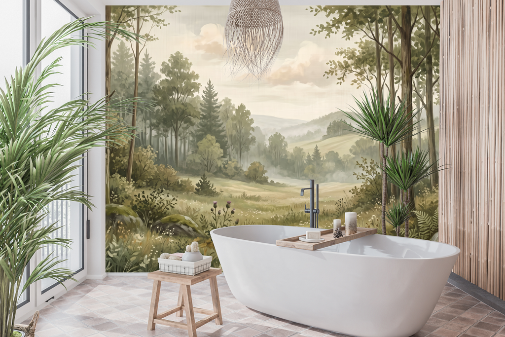 Waterproof vinyl scenic nature wallpaper applied in a rustic vintage bathroom