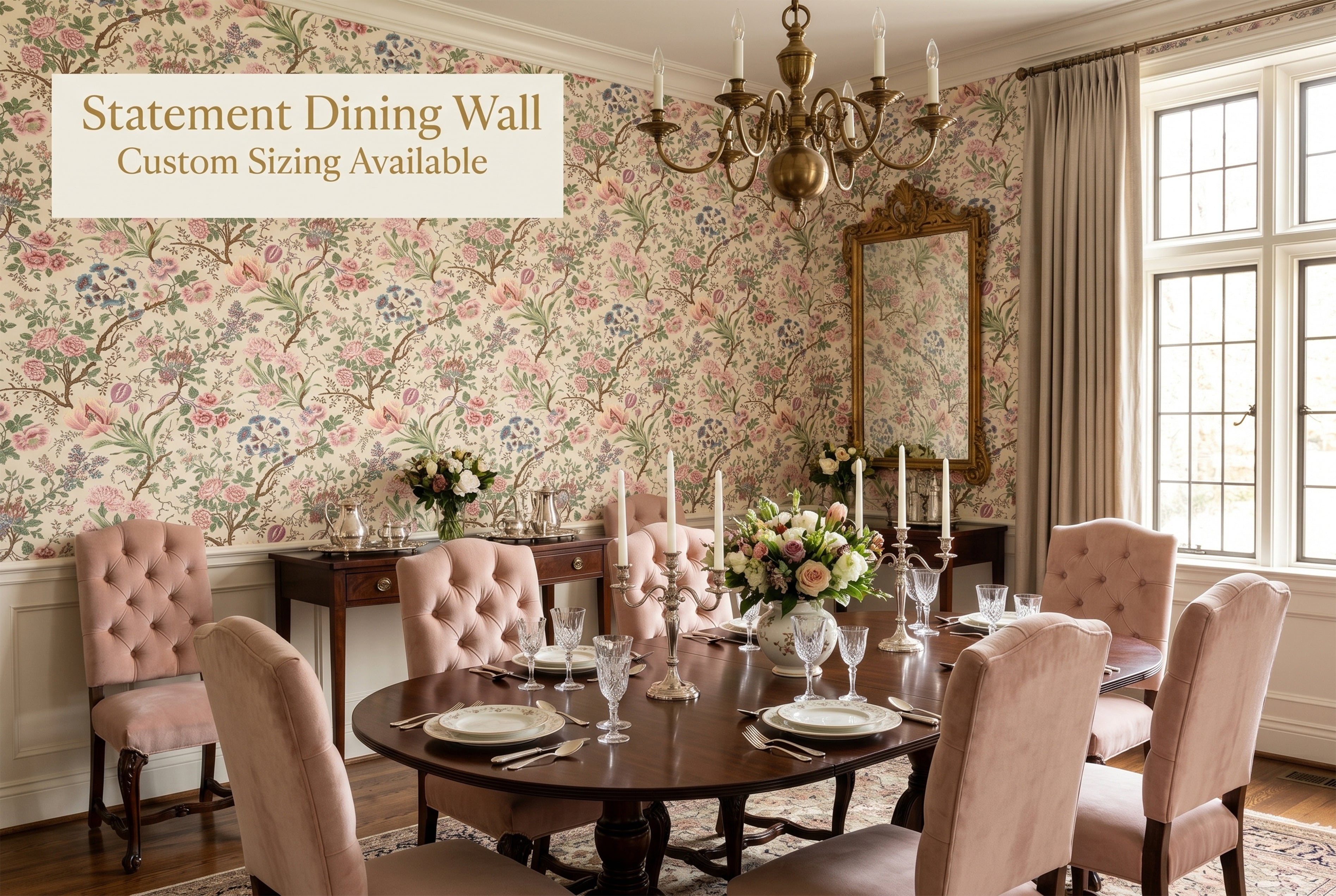 Vintage botanical wildflower wallpaper installed in a classic formal dining room