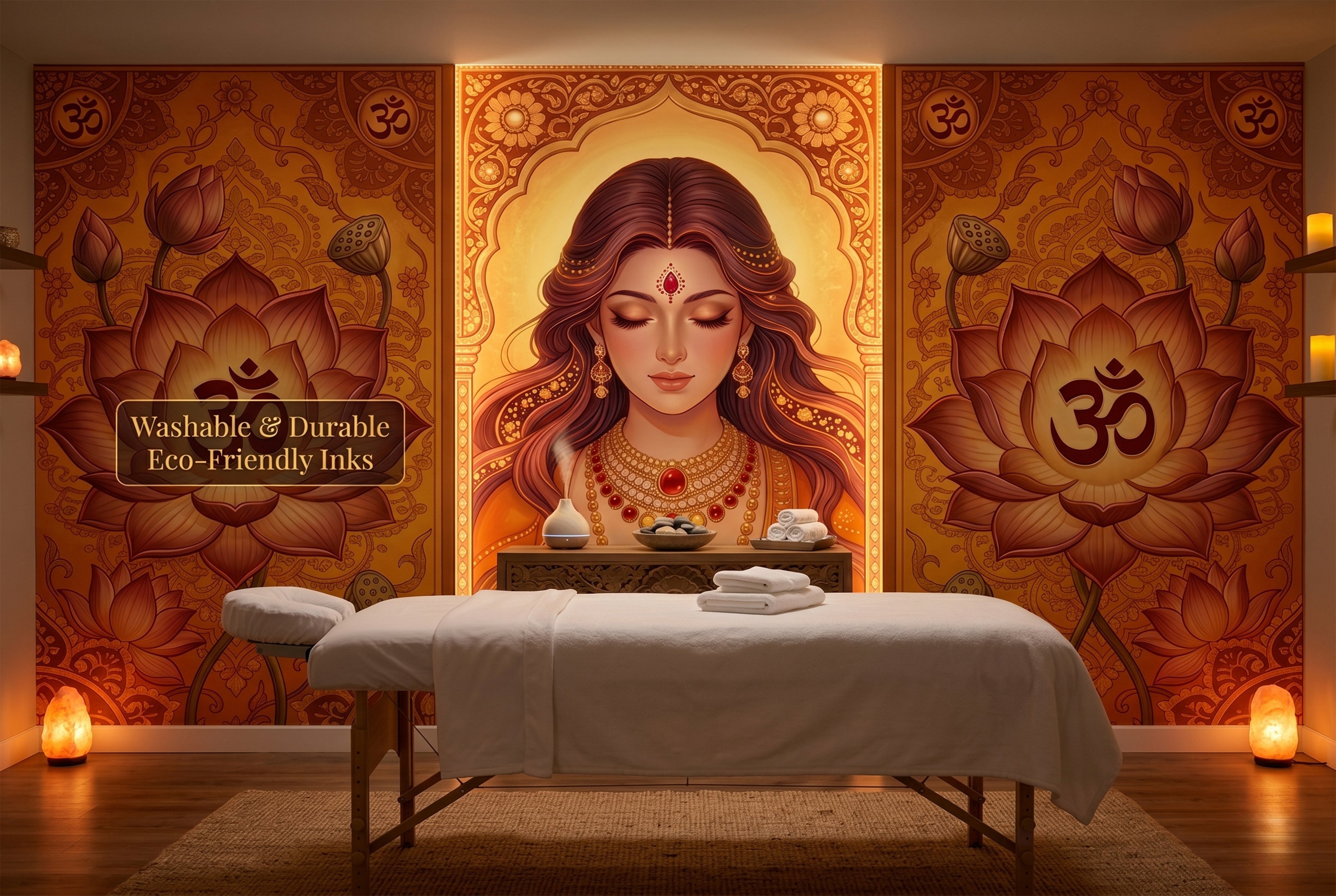 Warm amber and gold spiritual wall decor in a peaceful yoga studio