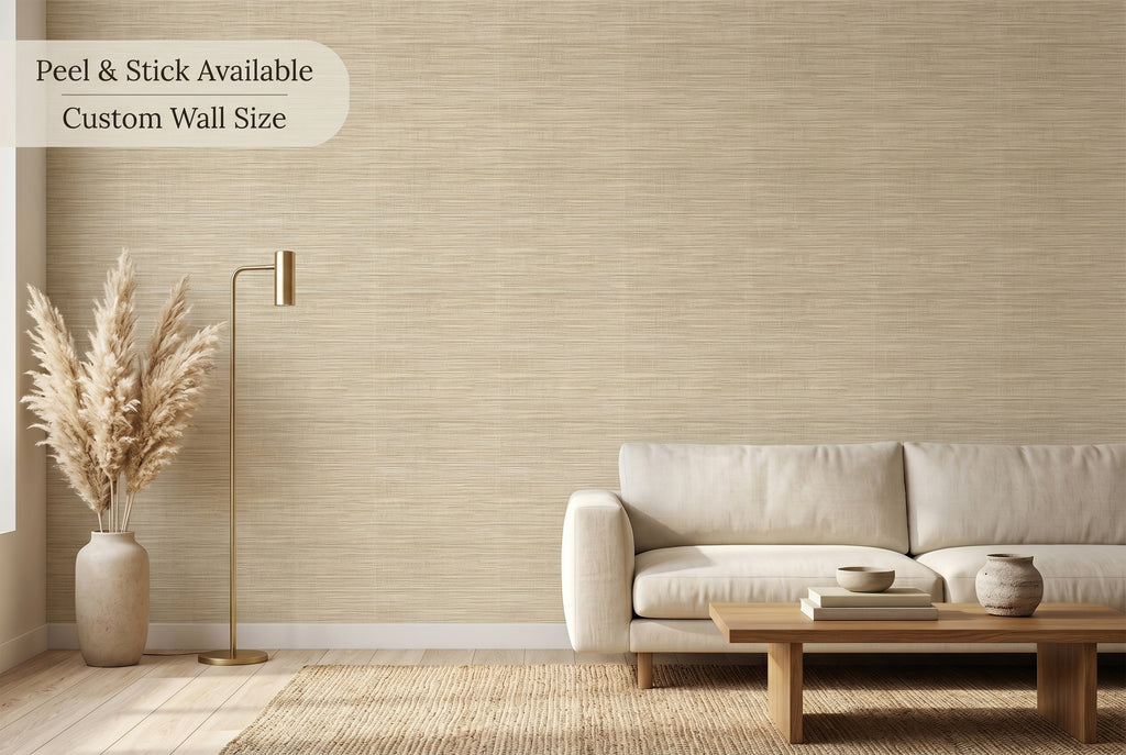 Warm neutral faux grasscloth wall mural in a cozy coastal living space