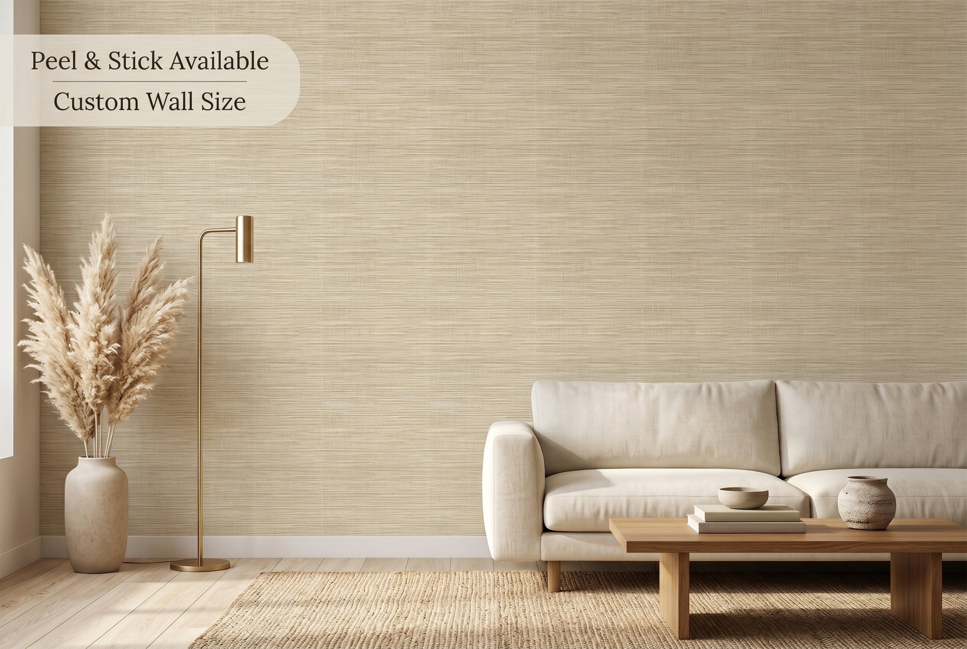 Warm neutral faux grasscloth wall mural in a cozy coastal living space